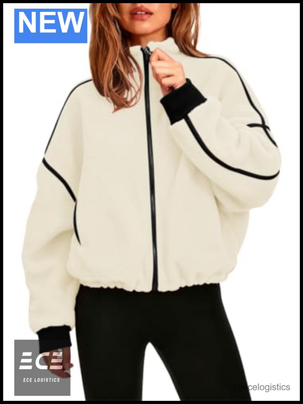 Cropped Fleece Jacket Full Zip Sherpa Stand Collar Warm Pockets